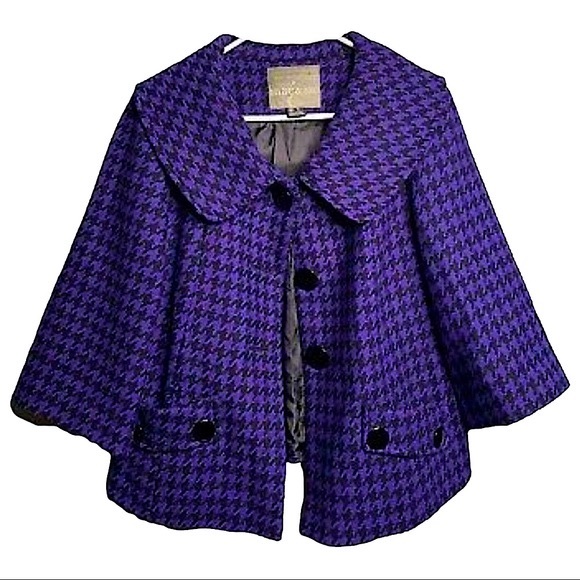 Mac & Jac Vintage size large purple & black houndstooth short pea/cape coat EUC